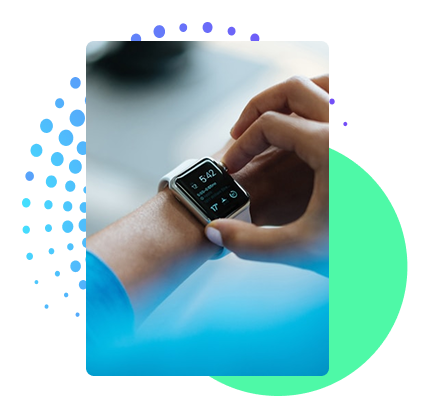 Person checking time on a smartwatch on their wrist, with digital display showing 5:42.