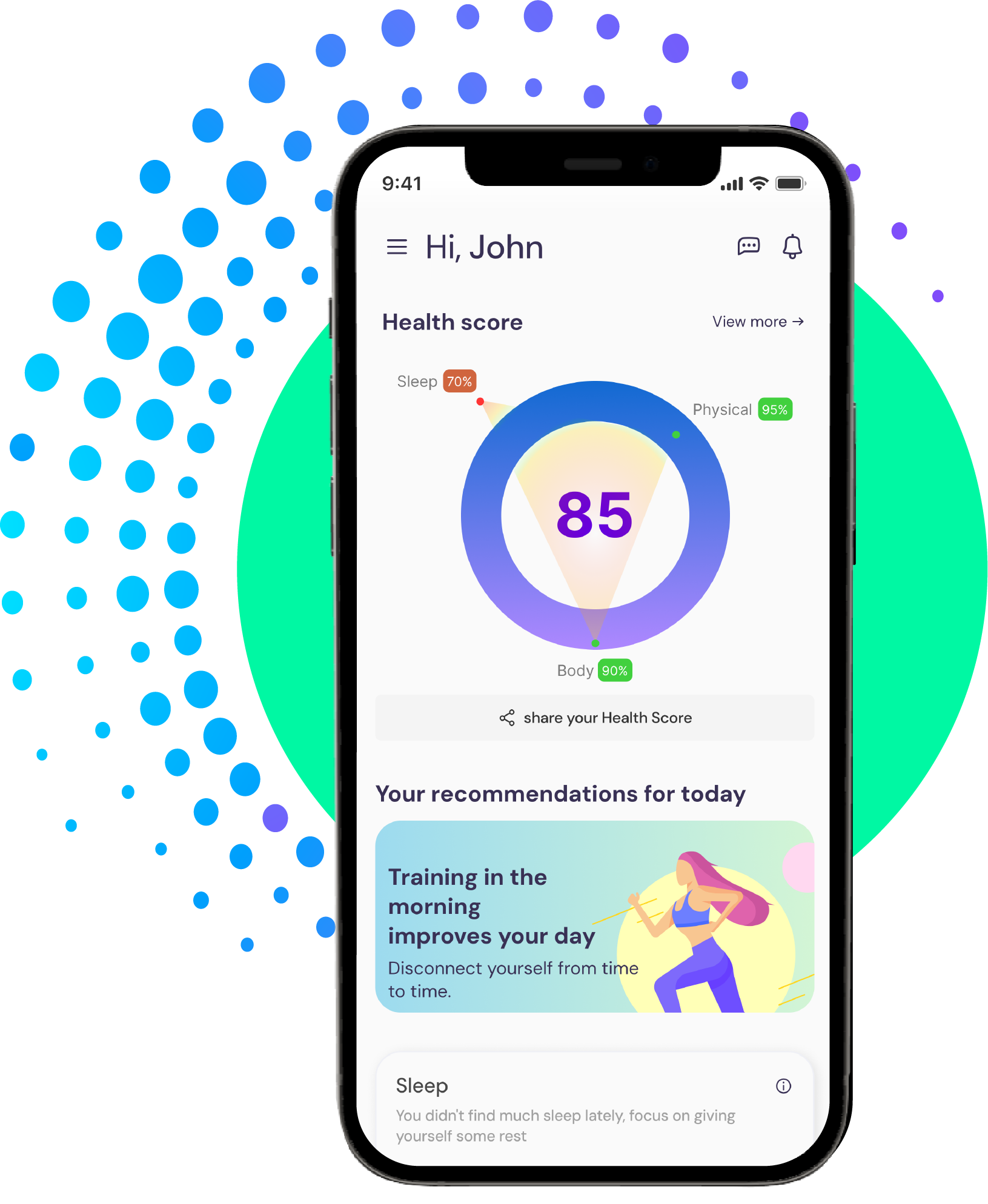 Smartphone displaying a health app with a health score of 85, including details on sleep, physical health, and body health, with recommendations for the day.